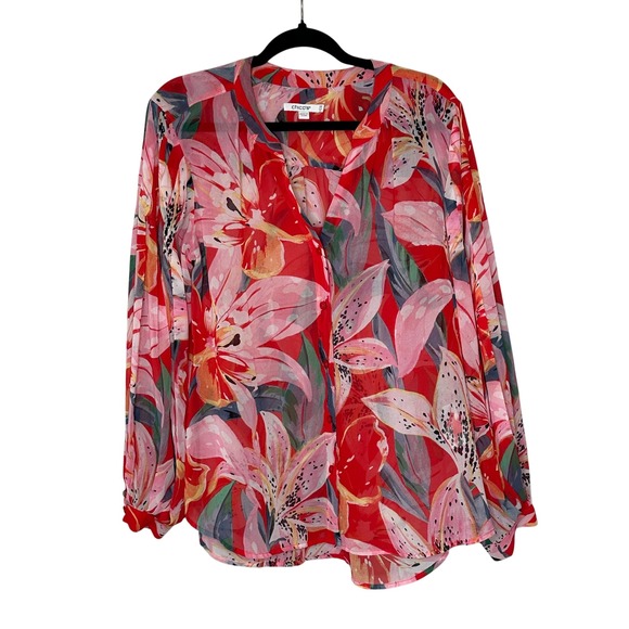 Chico's Floral Blouse Red Pink Sheer Long Sleeve Button Down Size 2.5 US 14 - Picture 1 of 10